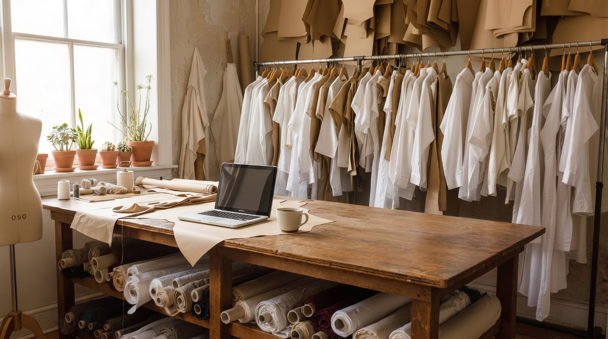 Atelier von schnittgut mit Stoffen, Schnittmustern und Arbeitsplätzen